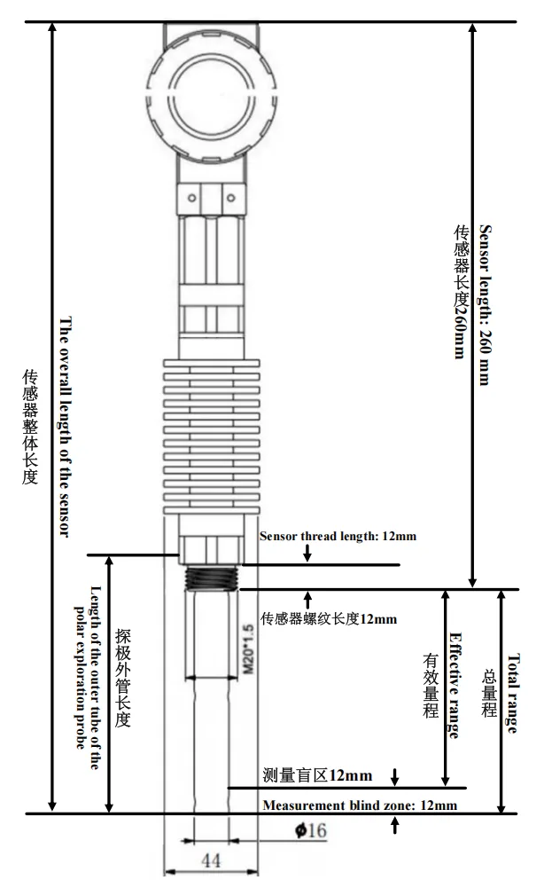 Afmetingen van de KSLV607 capacitieve niveautransmitter – met display en koellichaam